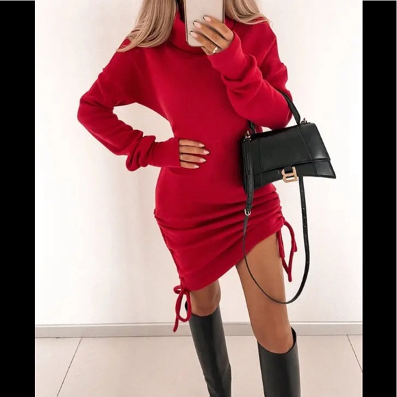 🎉Limited Offer Chic Casual Red Midi Turtleneck Ruched Dress - Picture 2 of 7